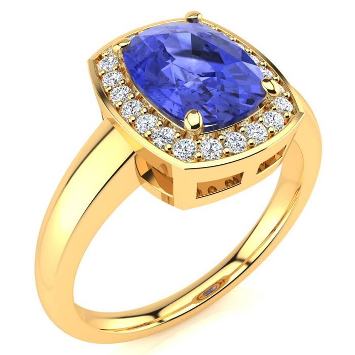 2 1/2 Carat Cushion Cut Tanzanite and Halo Diamond Ring In 14 Karat Yellow Gold