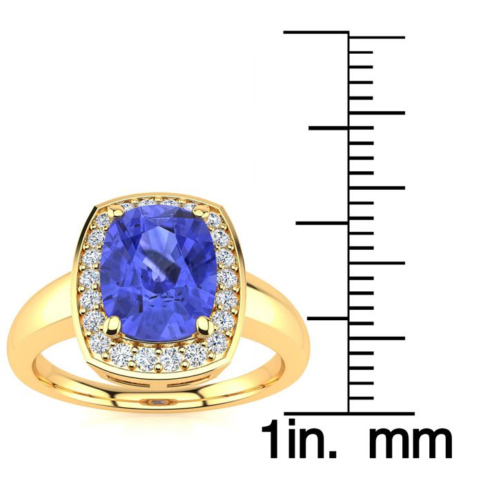 2 1/2 Carat Cushion Cut Tanzanite and Halo Diamond Ring In 14 Karat Yellow Gold