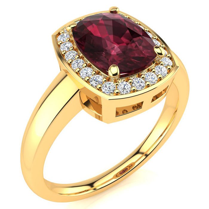 Garnet Ring: Garnet Jewelry: 3 Carat Cushion Cut Garnet and Halo Diamond Ring In 14 Karat Yellow Gold