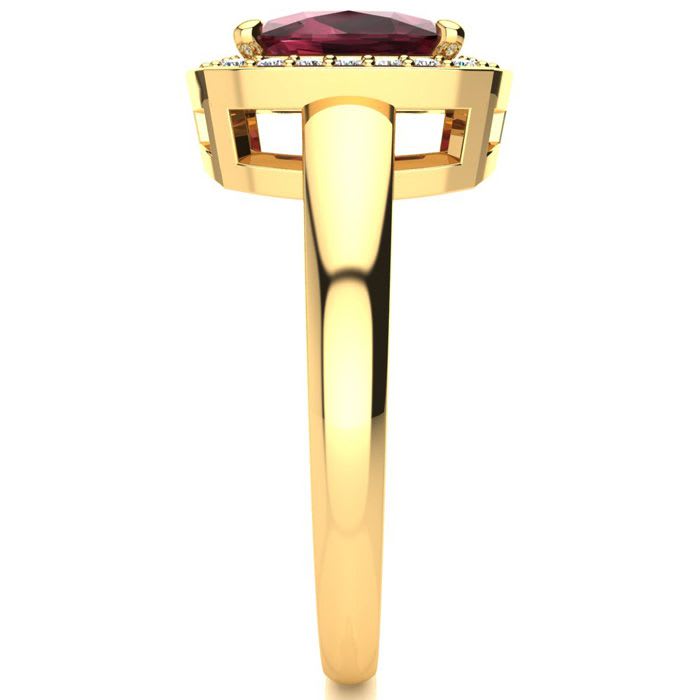 Garnet Ring: Garnet Jewelry: 3 Carat Cushion Cut Garnet and Halo Diamond Ring In 14 Karat Yellow Gold