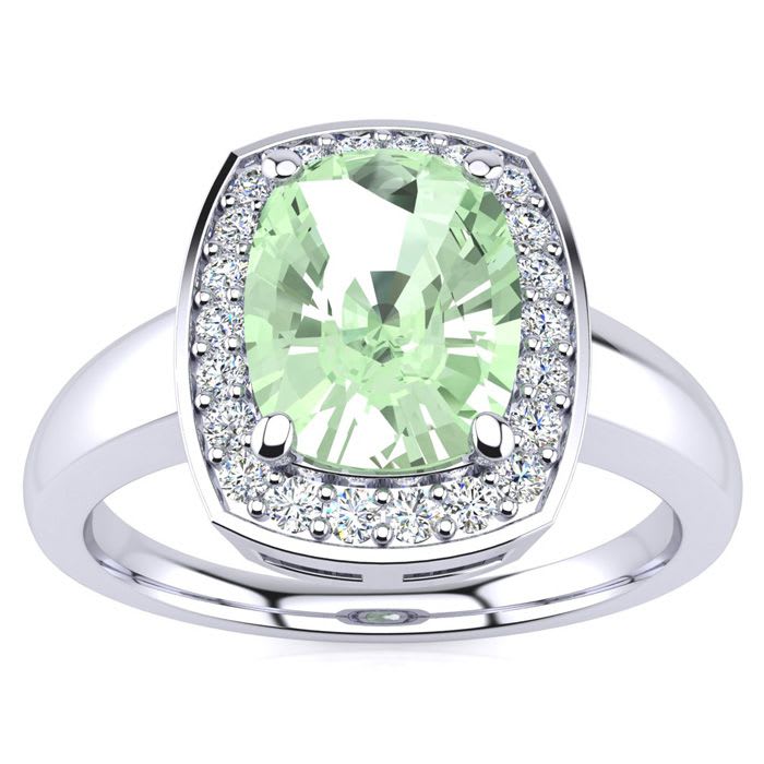 2 Carat Cushion Cut Green Amethyst and Halo Diamond Ring In 14 Karat White Gold