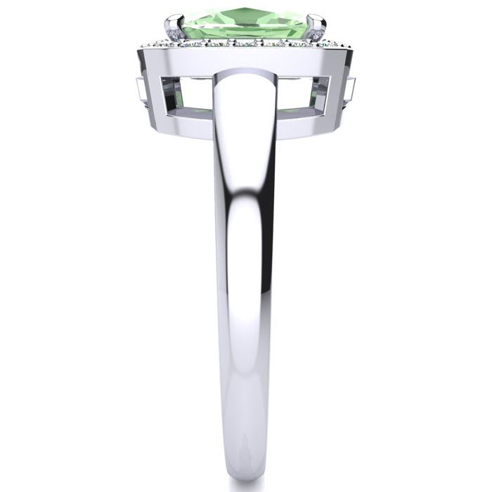 2 Carat Cushion Cut Green Amethyst and Halo Diamond Ring In 14 Karat White Gold