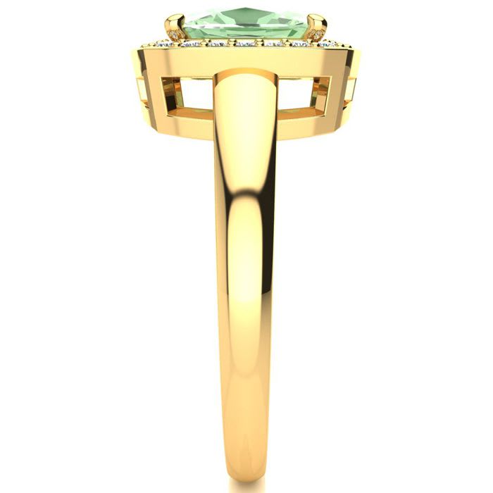 2 Carat Cushion Cut Green Amethyst and Halo Diamond Ring In 14 Karat Yellow Gold