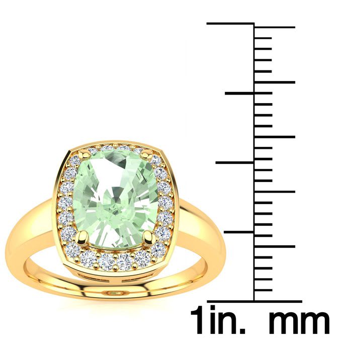 2 Carat Cushion Cut Green Amethyst and Halo Diamond Ring In 14 Karat Yellow Gold