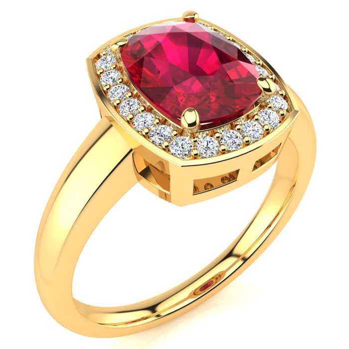 3 Carat Cushion Cut Ruby and Halo Diamond Ring In 14 Karat Yellow Gold
