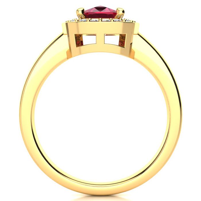 3 Carat Cushion Cut Ruby and Halo Diamond Ring In 14 Karat Yellow Gold