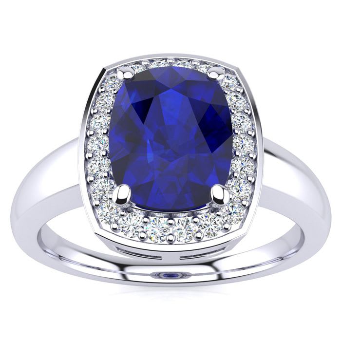 3 Carat Cushion Cut Sapphire and Halo Diamond Ring In 14 Karat White Gold