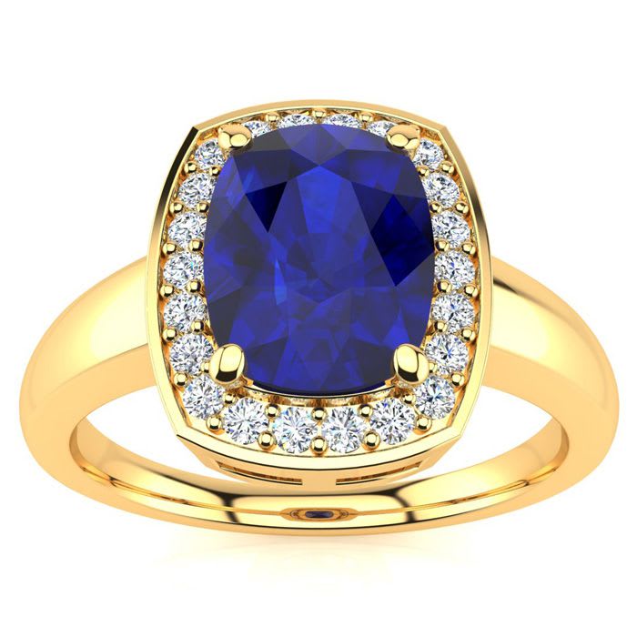 3 Carat Cushion Cut Sapphire and Halo Diamond Ring In 14 Karat Yellow Gold