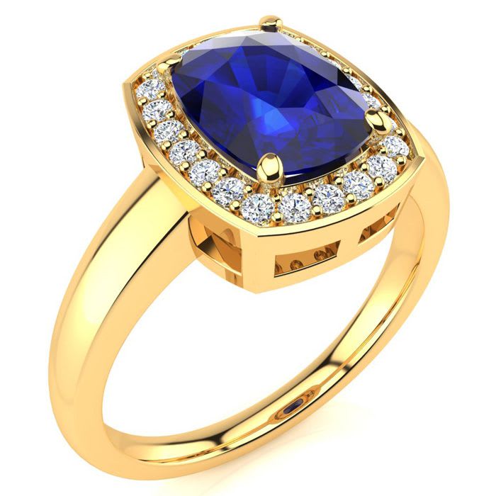3 Carat Cushion Cut Sapphire and Halo Diamond Ring In 14 Karat Yellow Gold