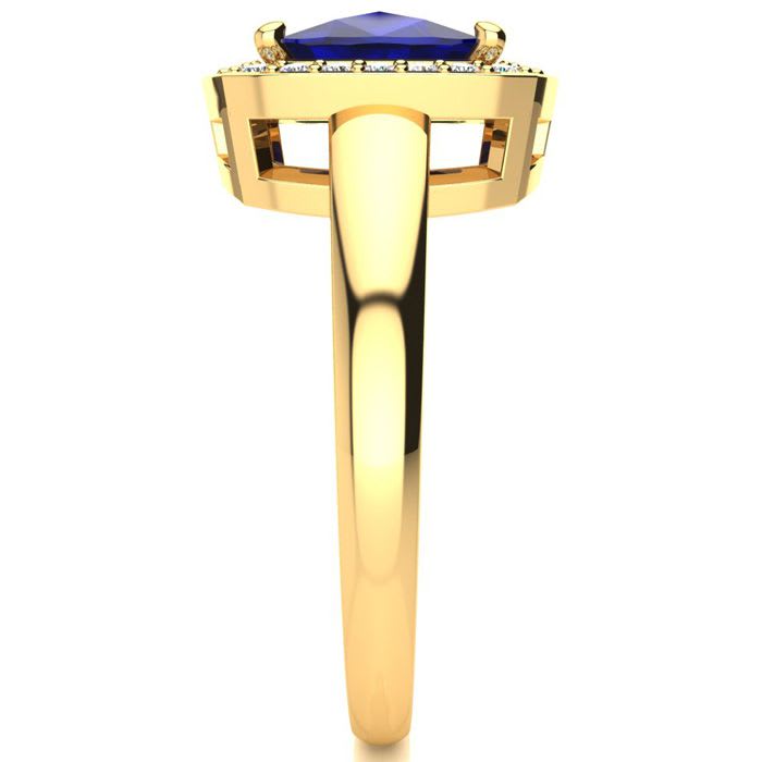 3 Carat Cushion Cut Sapphire and Halo Diamond Ring In 14 Karat Yellow Gold
