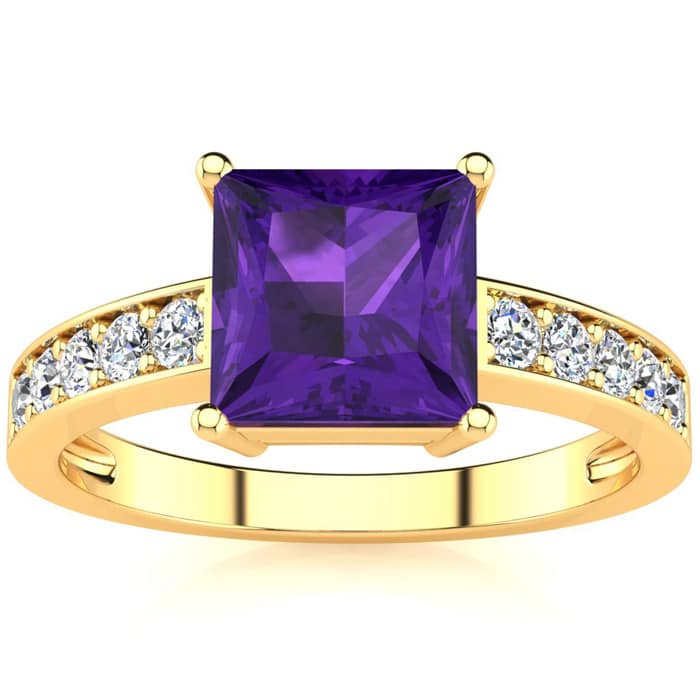 Square Step Cut 1 2/3ct Amethyst and Diamond Ring in 14K Yellow Gold