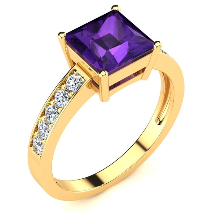 Square Step Cut 1 2/3ct Amethyst and Diamond Ring in 14K Yellow Gold