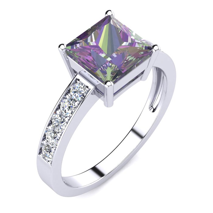 1-7/8 Carat Square Shape Mystic Topaz Ring With Diamonds In 14 Karat White Gold
