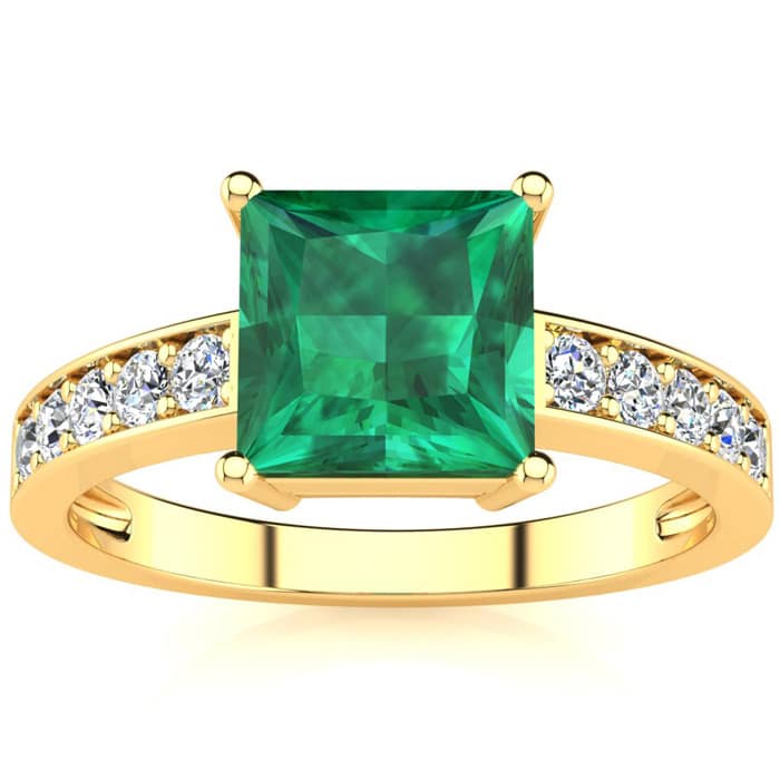 Square Step Cut 1 3/4ct Emerald and Diamond Ring in 14K Yellow Gold