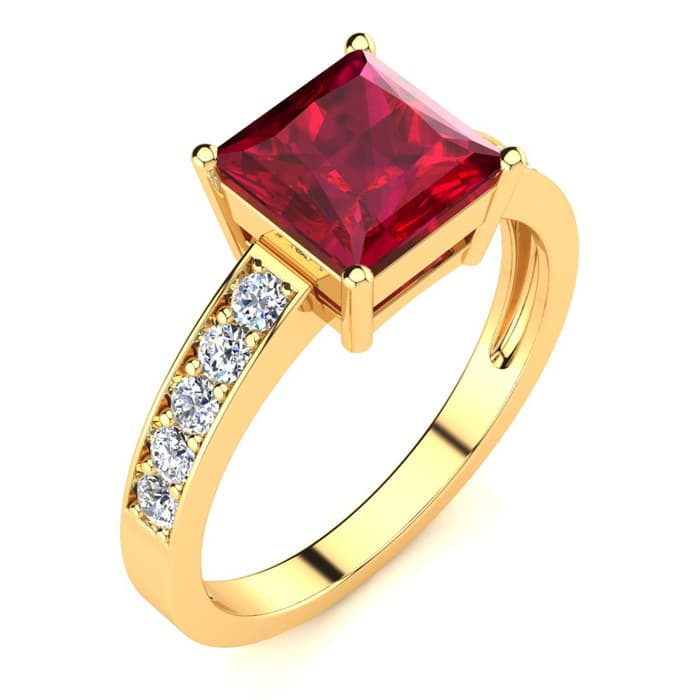 Square Step Cut 1 7/8ct Ruby and Diamond Ring in 14K Yellow Gold