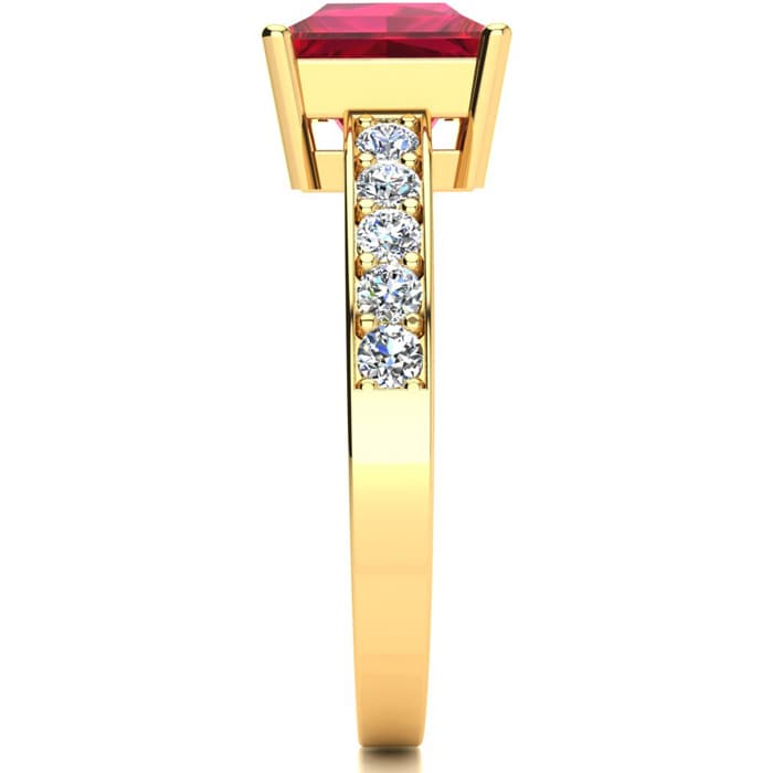 Square Step Cut 1 7/8ct Ruby and Diamond Ring in 14K Yellow Gold