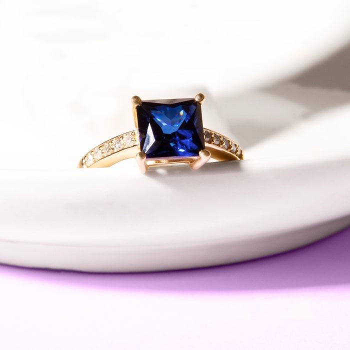 Square Step Cut 1 7/8ct Sapphire and Diamond Ring in 14K Yellow Gold