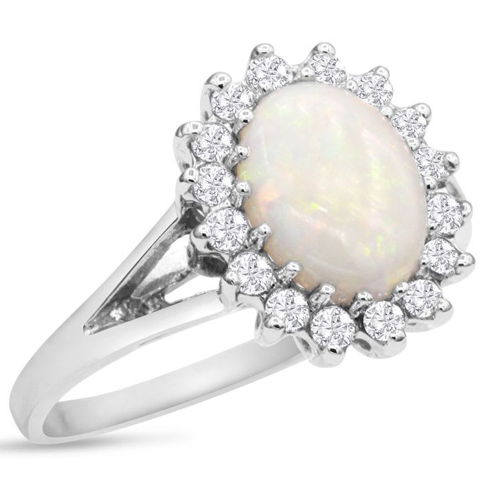 1-1/2 Carat Opal Ring and Halo Diamonds In 14 Karat White Gold