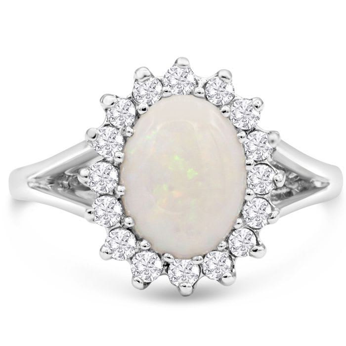 1-1/2 Carat Opal Ring and Halo Diamonds In 14 Karat White Gold