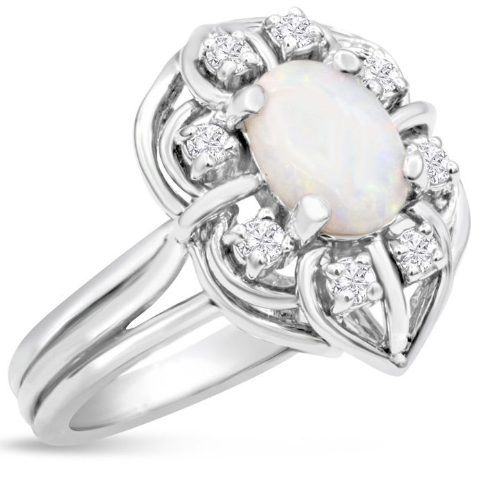 1 Carat Vintage Opal Ring and Halo Diamonds In 14 Karat White Gold