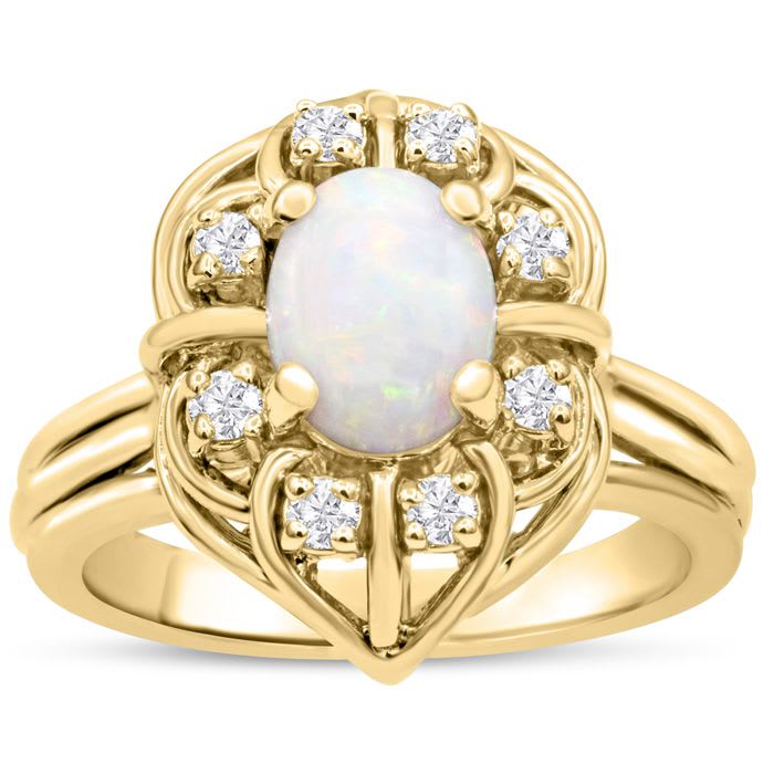 1 Carat Vintage Opal Ring and Halo Diamonds In 14 Karat Yellow Gold
