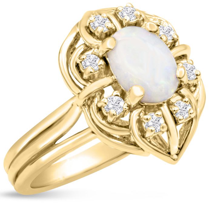 1 Carat Vintage Opal Ring and Halo Diamonds In 14 Karat Yellow Gold