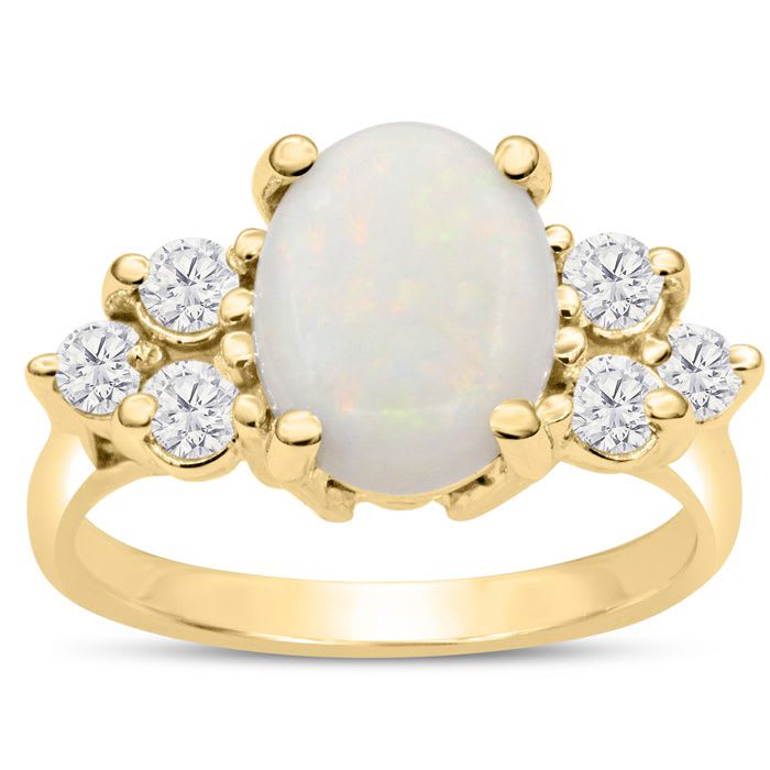 3 Carat Opal Ring with 6 Diamonds In 14 Karat Yellow Gold