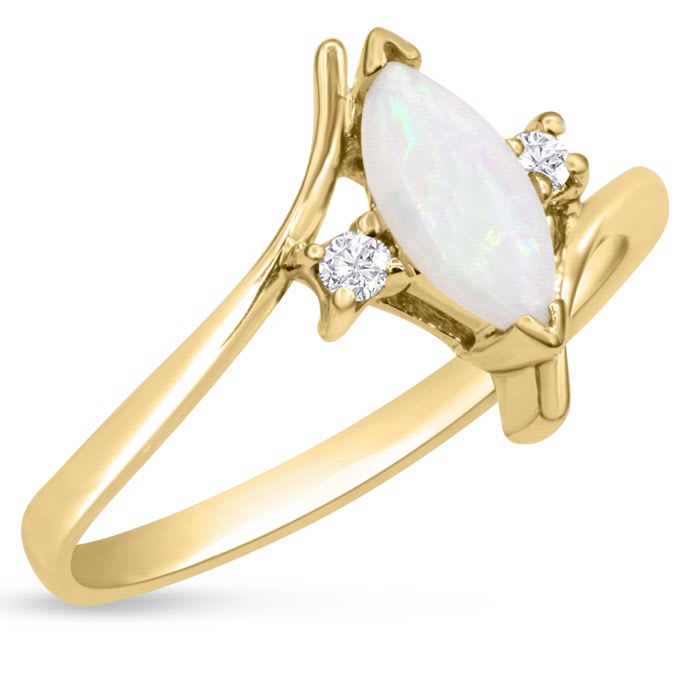 1/2 Carat Marquise Shape Opal Ring and Two Diamonds In 14 Karat Yellow Gold