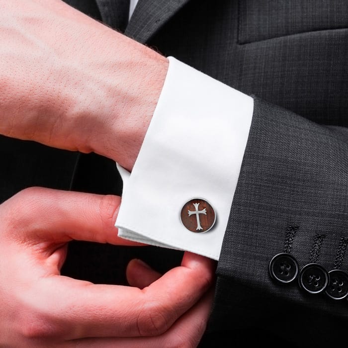 Octavius Stainless Steel and Mahogany Gothic Cross Cufflinks