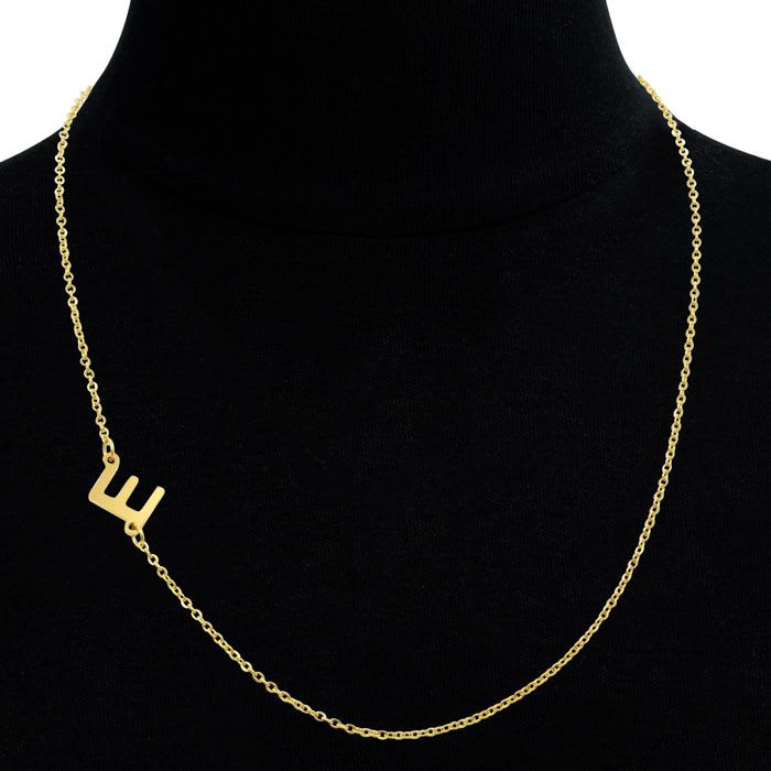 Dainty E Initial Sideways Necklace In Gold Overlay, 16 Inches