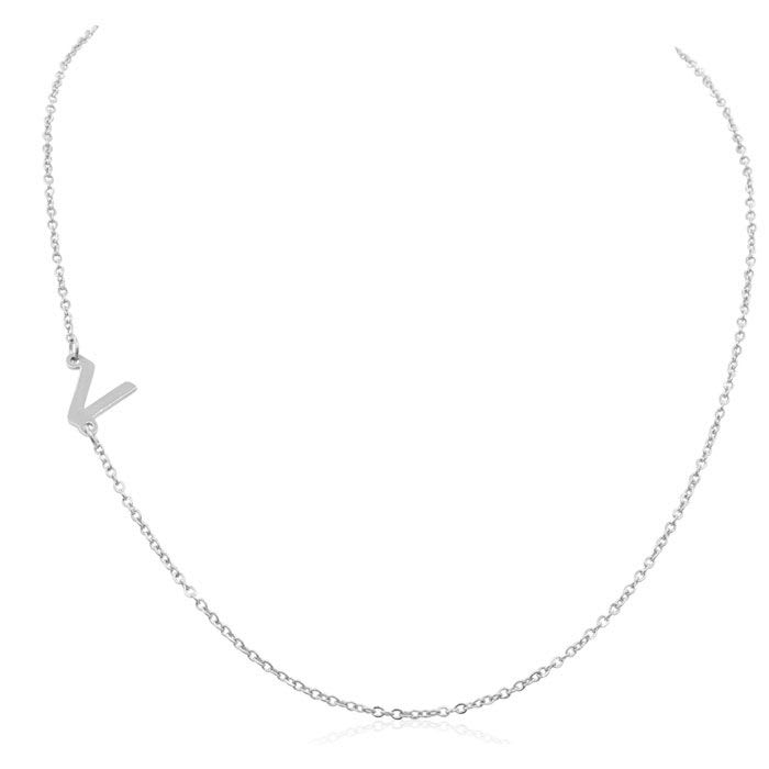 Dainty V Initial Sideways Necklace In Silver Overlay, 16 Inches