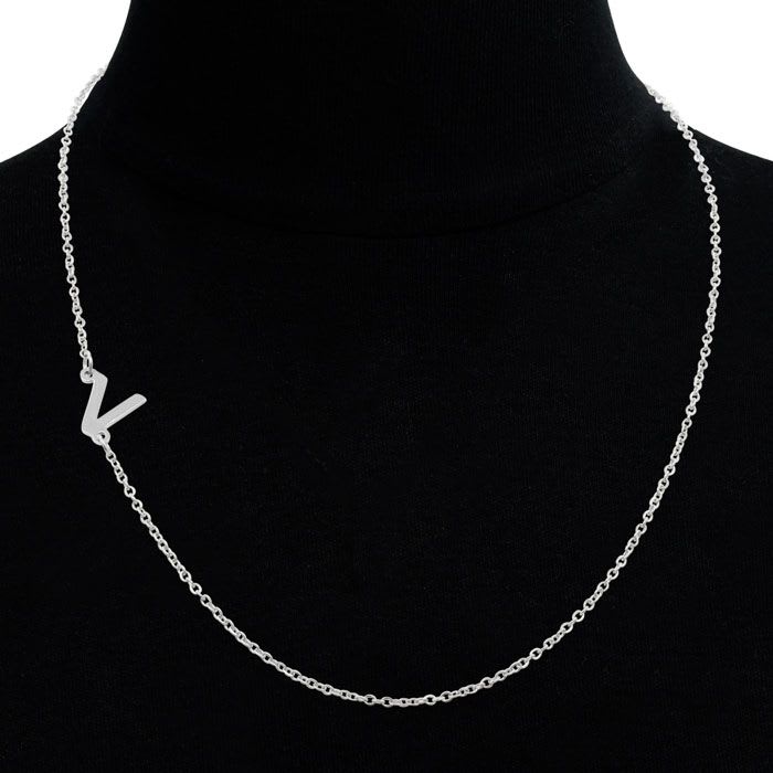 Dainty V Initial Sideways Necklace In Silver Overlay, 16 Inches