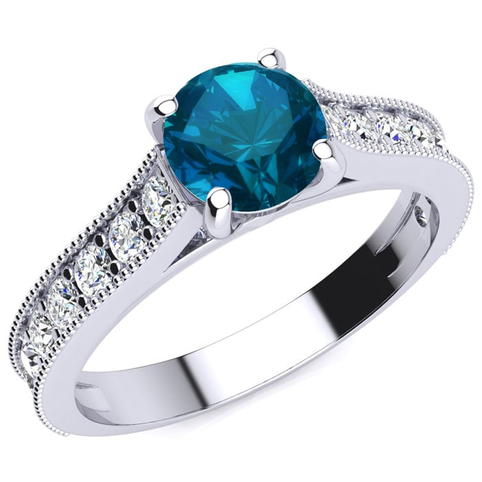 1 1/2 Carat Diamond Engagement Ring With 1 Carat Blue Diamond Center In 14K White Gold. Amazing Gorgeous Blue Diamond Ring!