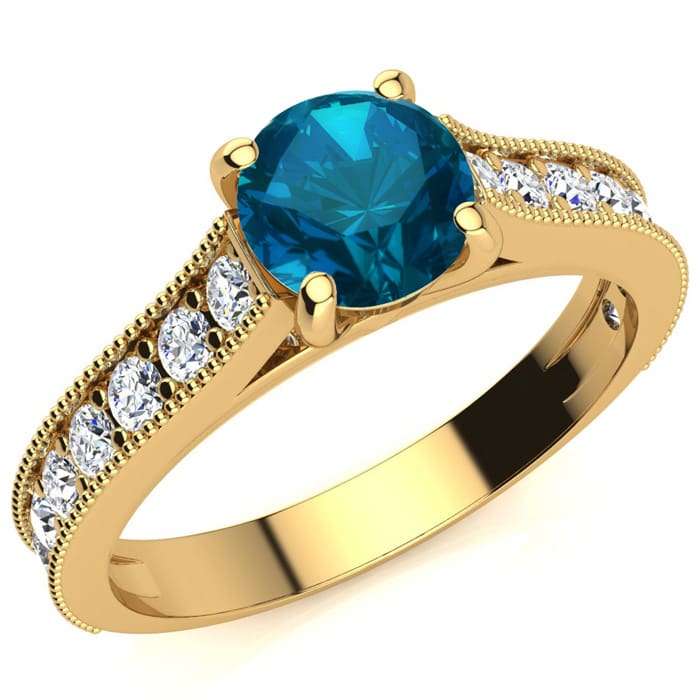 1 1/2 Carat Diamond Engagement Ring With 1 Carat Blue Diamond Center In 14K Yellow Gold