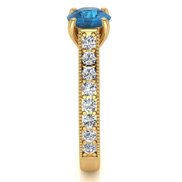 1 1/2 Carat Diamond Engagement Ring With 1 Carat Blue Diamond Center In 14K Yellow Gold