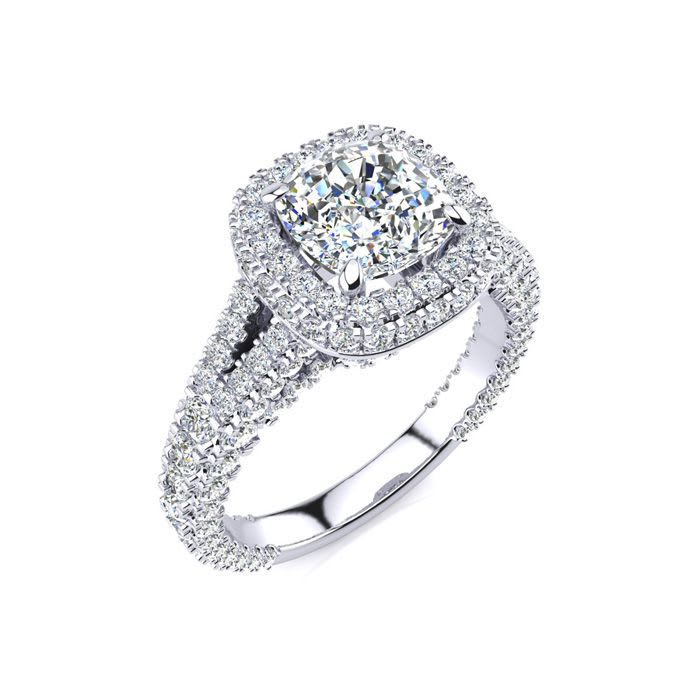 3 1/2 Carat Cushion Cut Halo Diamond Engagement Ring In 14K White Gold