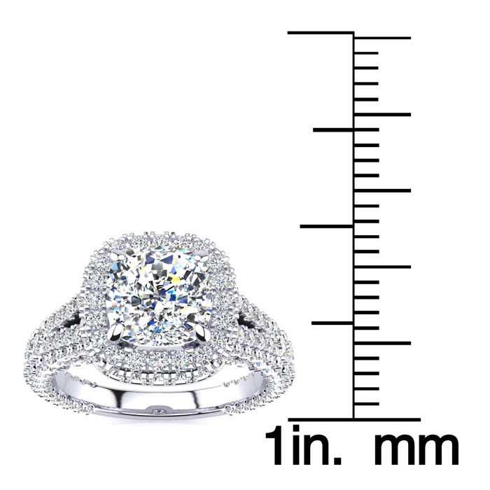 3 1/2 Carat Cushion Cut Halo Diamond Engagement Ring In 14K White Gold