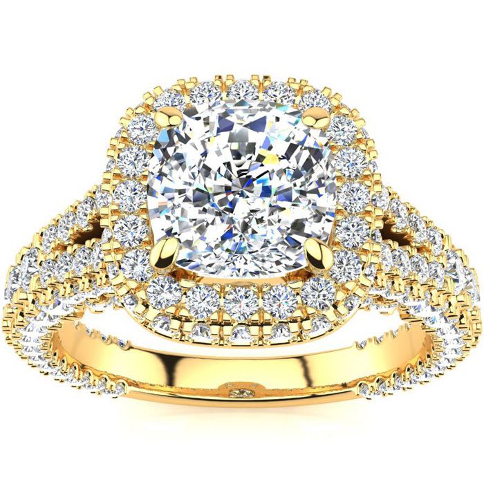 3 1/2 Carat Cushion Cut Halo Diamond Engagement Ring In 14K Yellow Gold