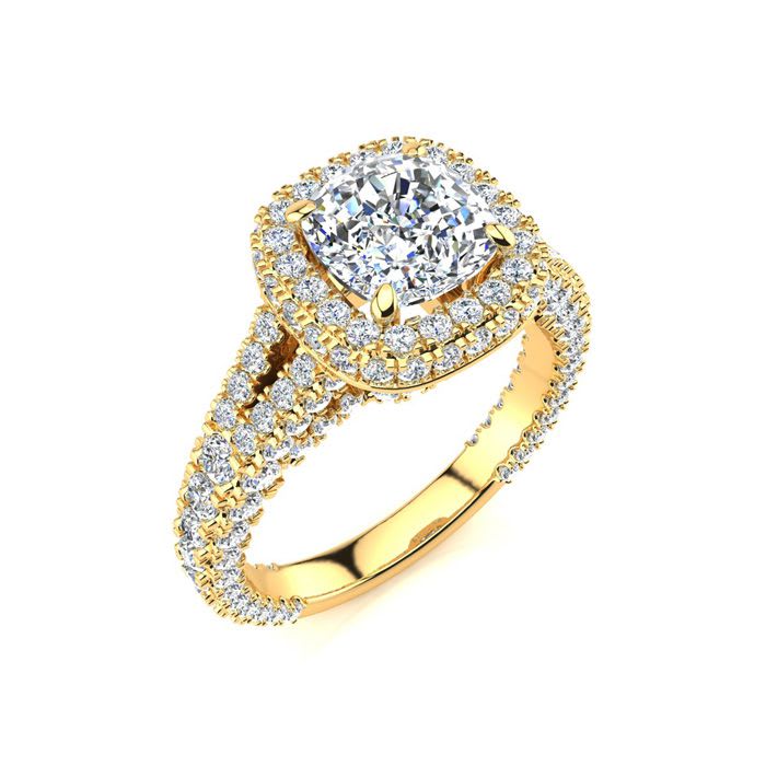 3 1/2 Carat Cushion Cut Halo Diamond Engagement Ring In 14K Yellow Gold