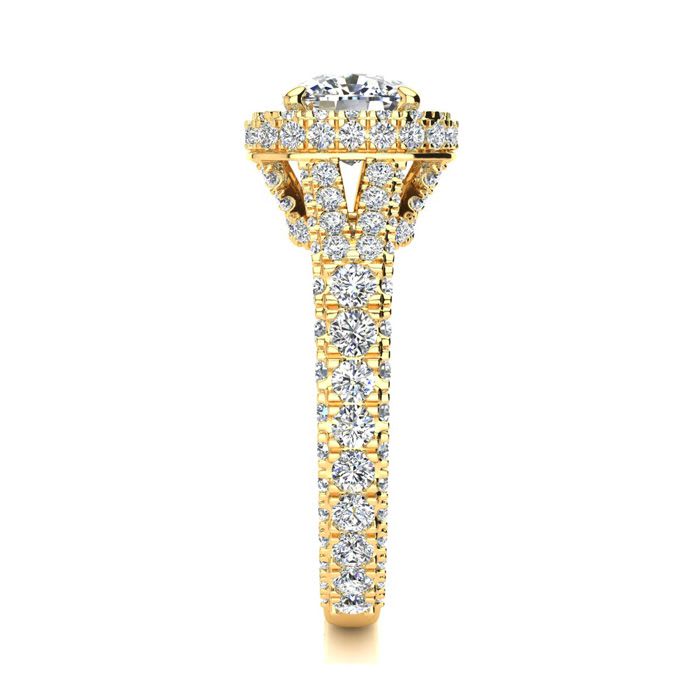 3 1/2 Carat Cushion Cut Halo Diamond Engagement Ring In 14K Yellow Gold