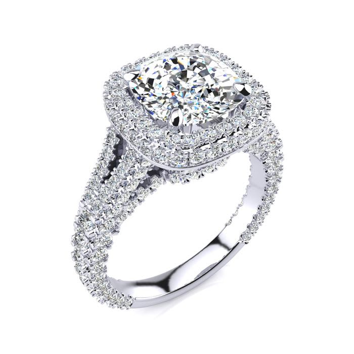 4 1/2 Carat Cushion Cut Halo Diamond Engagement Ring In 14K White Gold