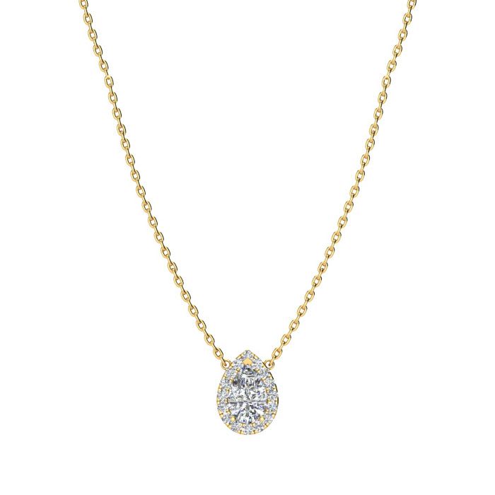 1/2 Carat Pear Shape Halo Diamond Necklace In 14K Yellow Gold