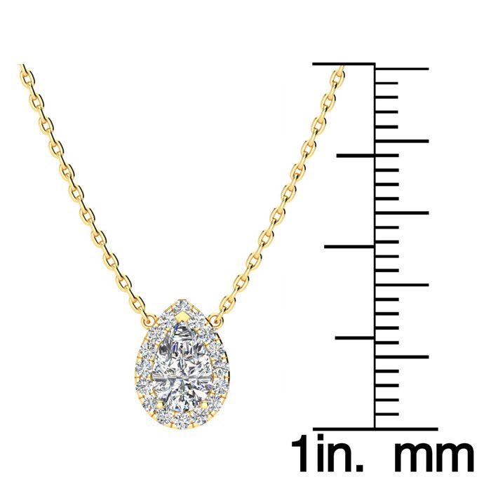 1/2 Carat Pear Shape Halo Diamond Necklace In 14K Yellow Gold