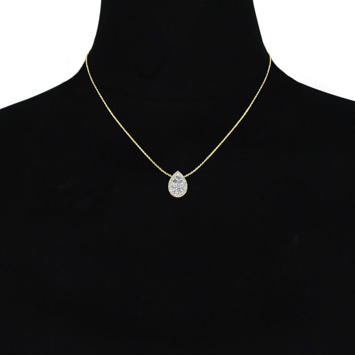 1/2 Carat Pear Shape Halo Diamond Necklace In 14K Yellow Gold