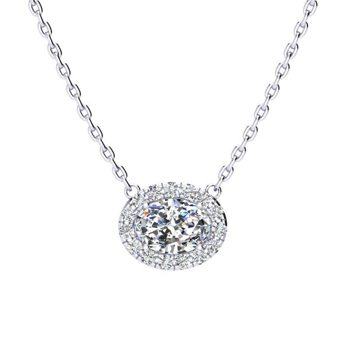 1/2 Carat Oval Shape Halo Diamond Necklace In 14K White Gold