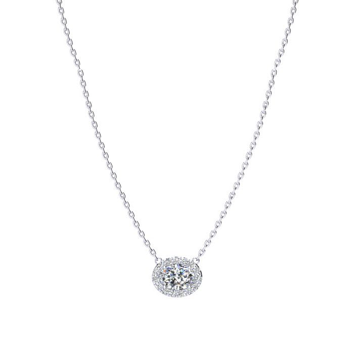1/2 Carat Oval Shape Halo Diamond Necklace In 14K White Gold