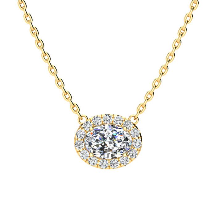 1/2 Carat Oval Shape Halo Diamond Necklace In 14K Yellow Gold