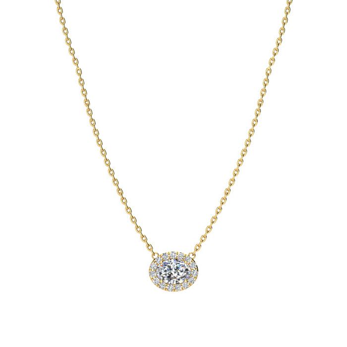 1/2 Carat Oval Shape Halo Diamond Necklace In 14K Yellow Gold