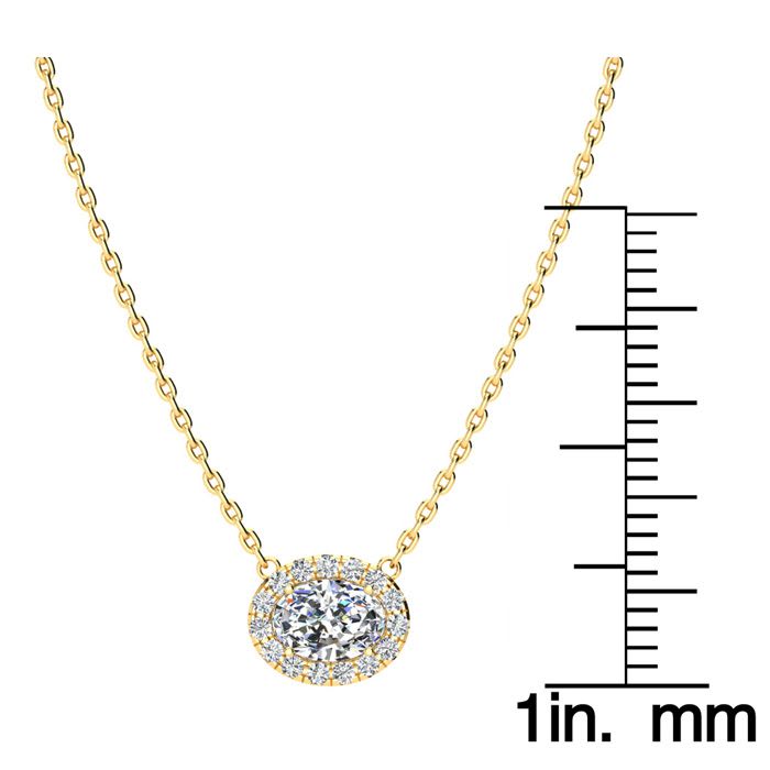 1/2 Carat Oval Shape Halo Diamond Necklace In 14K Yellow Gold