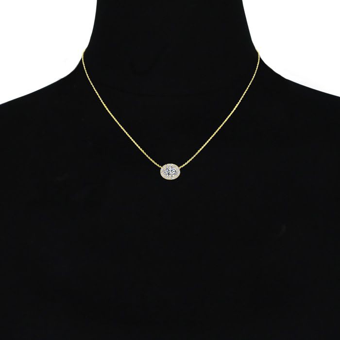 1/2 Carat Oval Shape Halo Diamond Necklace In 14K Yellow Gold